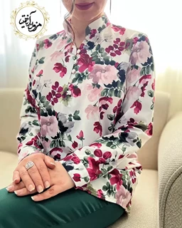 تونیک پنج دکمه سفید سایز بزرگ طرح گلهای رنگی  ارکیده