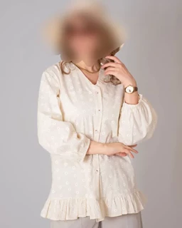 شومیز جلو دکمه پاچین دار سبز طرح ریسه گل تینا