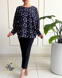 شومیز آستین کیمونو بگ مشکی طرح پروانه رنگی وستا