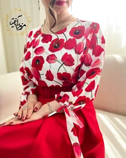 شومیز آستین واشری سفید طرح شقایق قرمز شادی