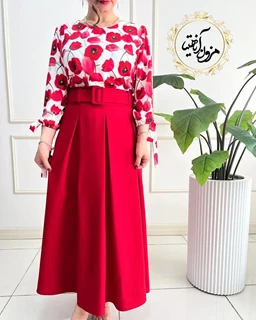دامن زنانه مجلسی بلند قرمز طرح پیله دار ماریا