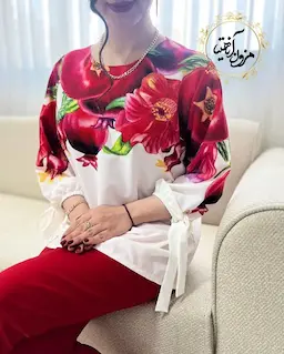 شومیز آستین واشری ریزشی سفید طرح انار درشت ناروین