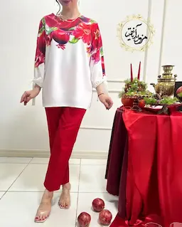 شومیز آستین واشری ریزشی سفید طرح انار درشت ناروین