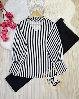 شومیز راه راه سفید مشکی دو یقه سایز-M-تخفیفی