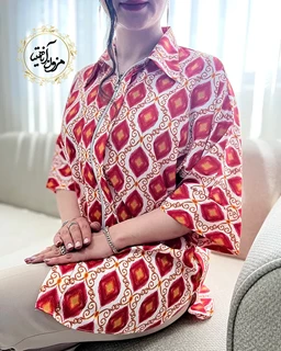 شومیز جلو زیپ دار سفید قرمز طرح لوزی سنتی ترمه