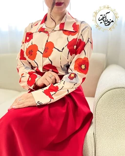 شومیز جلو دکمه کرم طرح گلدار شقایق