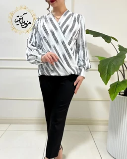 شومیز چپ و راستی سفید مشکی طرح ورساچه نغمه