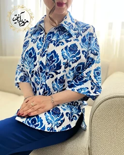 شومیز جلو زیپ دار سفید کاربنی طرح سنتی برنا