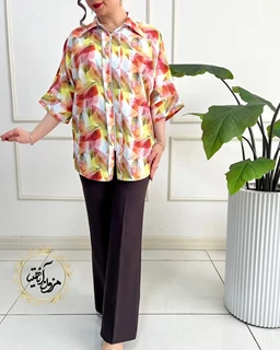 شومیز جلو زیپ دار سفید طرح برگهای پاییزی پانیذ