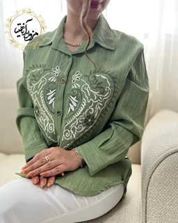 تونیک جلو دکمه سبز سدری طرح گلدوزی ابریشم