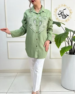 تونیک جلو دکمه سبز سدری طرح گلدوزی ابریشم