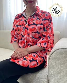 شومیز جلو زیپ دار مشکی طرح گلدار شقایق مهرانا