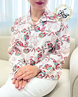 شومیز جلو دکمه  سفید طرح برگ الماس رنگی سایز-3-تخفیفی