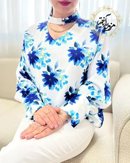 شومیز دو یقه فلورا آبی سایز-xl-تخفیفی