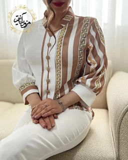 شومیز نیمه زنجیری راه راه نسکافه ای زمینه سفید سایز-1-تخفیفی