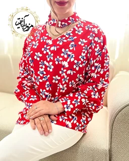 شومیز دو یقه شکوفه بهار قرمز سایز-3-تخفیفی