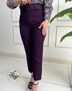شلوار زنانه جیب نما بادمجونی تیره طرح با کمربند دانیلا