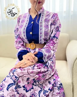 پیراهن ساحلی جلو حاشیه بنفش کاربنی طرح برگ و گلبرگ ساغر