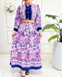 پیراهن ساحلی جلو حاشیه بنفش کاربنی طرح برگ و گلبرگ ساغر