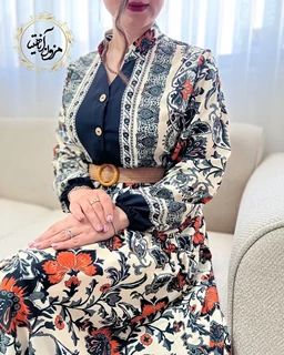 پیراهن ساحلی جلو حاشیه سبز تیره نارنجی طرح برگ و گلبرگ ویانا