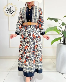 پیراهن ساحلی جلو حاشیه سبز تیره نارنجی طرح برگ و گلبرگ ویانا
