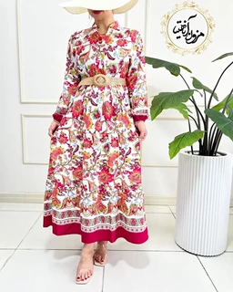 پیراهن ساحلی سفیدسرخابی طرح برگ و گلبرگ حاله