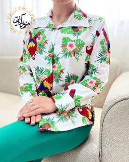 شومیز جلو دکمه سفید طرح برگ و پرنده توتیا