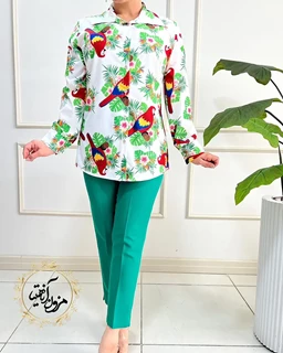 شومیز جلو دکمه سفید طرح برگ و پرنده توتیا