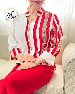 شومیز نیمه زنجیری قرمز روشن زمینه سفید سایز-1-تخفیفی