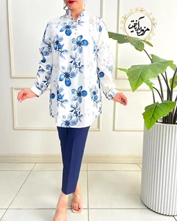 تونیک پنج دکمه سفید سرمه ای سایز بزرگ طرح گلدار محیا
