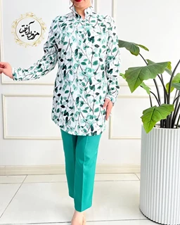 تونیک پنج دکمه سبز سفید سایز بزرگ طرح ریسه برگ 
