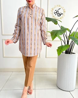 تونیک پنج دکمه طوسی نسکافه ای سایز بزرگ طرح راه راه زنجیری صبا