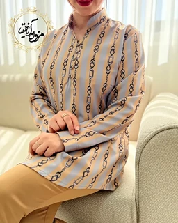 تونیک پنج دکمه طوسی نسکافه ای سایز بزرگ طرح راه راه زنجیری صبا
