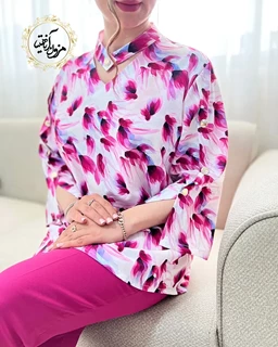 شومیز آستین سه دکمه سفید سرخابی طرح لاله آبرنگی مهرو  