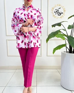 شومیز آستین سه دکمه سفید سرخابی طرح لاله آبرنگی مهرو  