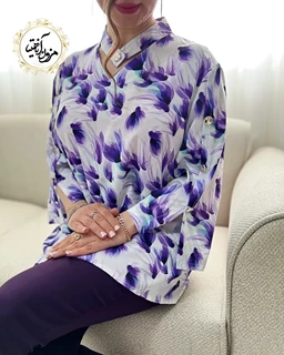 شومیز آستین سه دکمه سفید بنفش طرح لاله آبرنگی مهرو