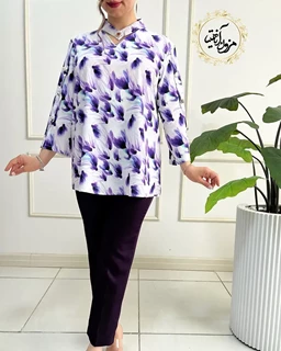 شومیز آستین سه دکمه سفید بنفش طرح لاله آبرنگی مهرو