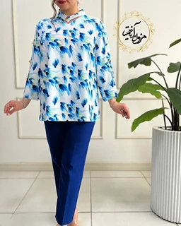 شومیز آستین سه دکمه سفید آبی طرح لاله آبرنگی مهرو