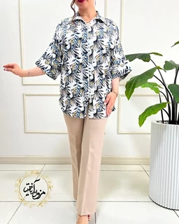 شومیز جلو زیپ دار سفید طرح برگ هاوایی نسرین