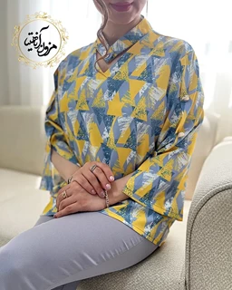 شومیز آستین سه دکمه طوسی زرد طرح هندسی آنیل