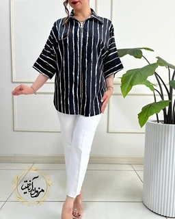 شومیز جلو زیپ دار مشکی طرح راه راه سفید مستانه