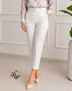 شلوار زنانه جیب نما سفید طرح با کمربند دانیلا