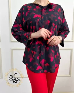 شومیز یقه پاپیونی مشکی طرح پروانه قرمز ترلان 