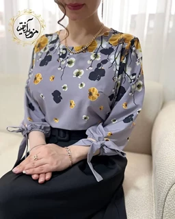 شومیز آستین واشری طوسی نسکافه ای طرح شکوفه باران