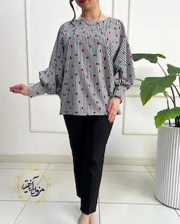 شومیز آستین کیمونو بگ  سفید مشکی طرح راه راه کفشدوزکی