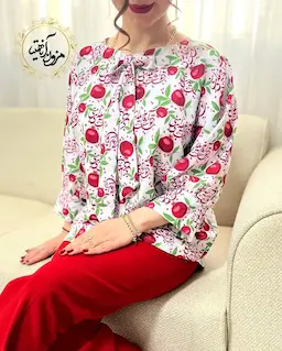 شومیز یقه پاپیونی سفید قرمز طرح انار یلدا 