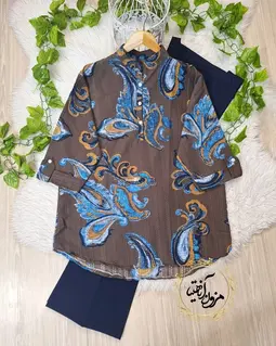 تونیک آستین سه ربع قهوه ای ایتالیایی طرح بته جقه لیوسا