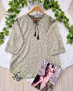 تونیک جلو بسته سبز سدری طرح گل گچی نرمینه
