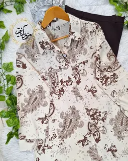 تونیک جلو دکمه کرم قهوه ای طرح تک جیب بته جقه گلپوش