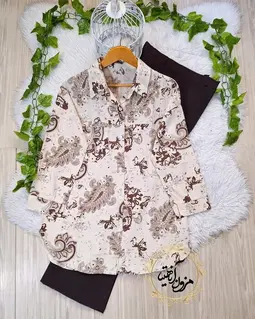 تونیک جلو دکمه کرم قهوه ای طرح تک جیب بته جقه گلپوش